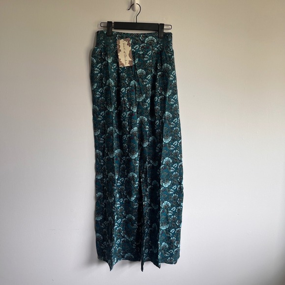Land of the Free Wide Leg Pants Smocked Waist Floral Print Deep Teal S - Picture 1 of 6